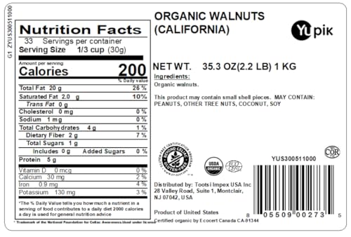 Yupik Organic Raw California Walnuts, Halves, 2.2 lb (35.2 oz), Kosher, Gluten-Free, Non-GMO, Vegan, Half Nuts, Unsalted, Unroasted, Source of Omegas, Healthy Snacks, Ideal for Baking & Cooking