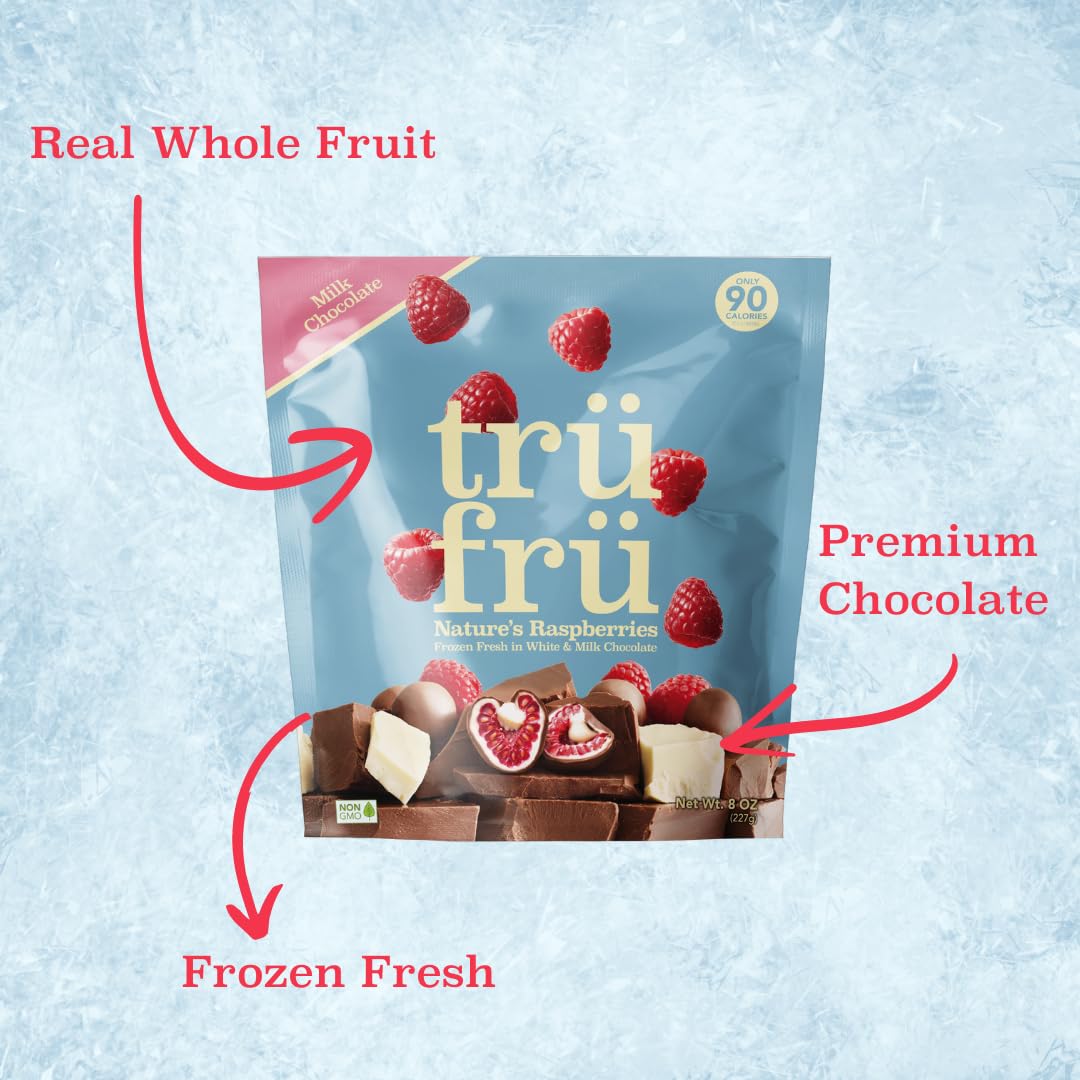Tru Fru Nature's Raspberries Hyper-Chilled in White & Milk Chocolate, 8 Ounce Bag