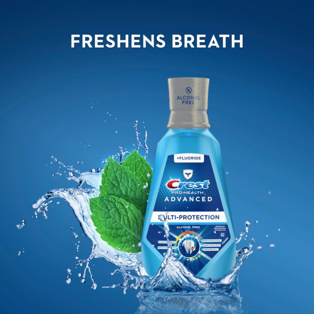 Crest Pro-Health Advanced Mouthwash, Alcohol Free, Multi-Protection, Fresh Mint, 1 L (33.8 fl oz), Pack of 2, Crest Mouthwash, Mouthwash Alcohol Free, Flouride Mouthwash