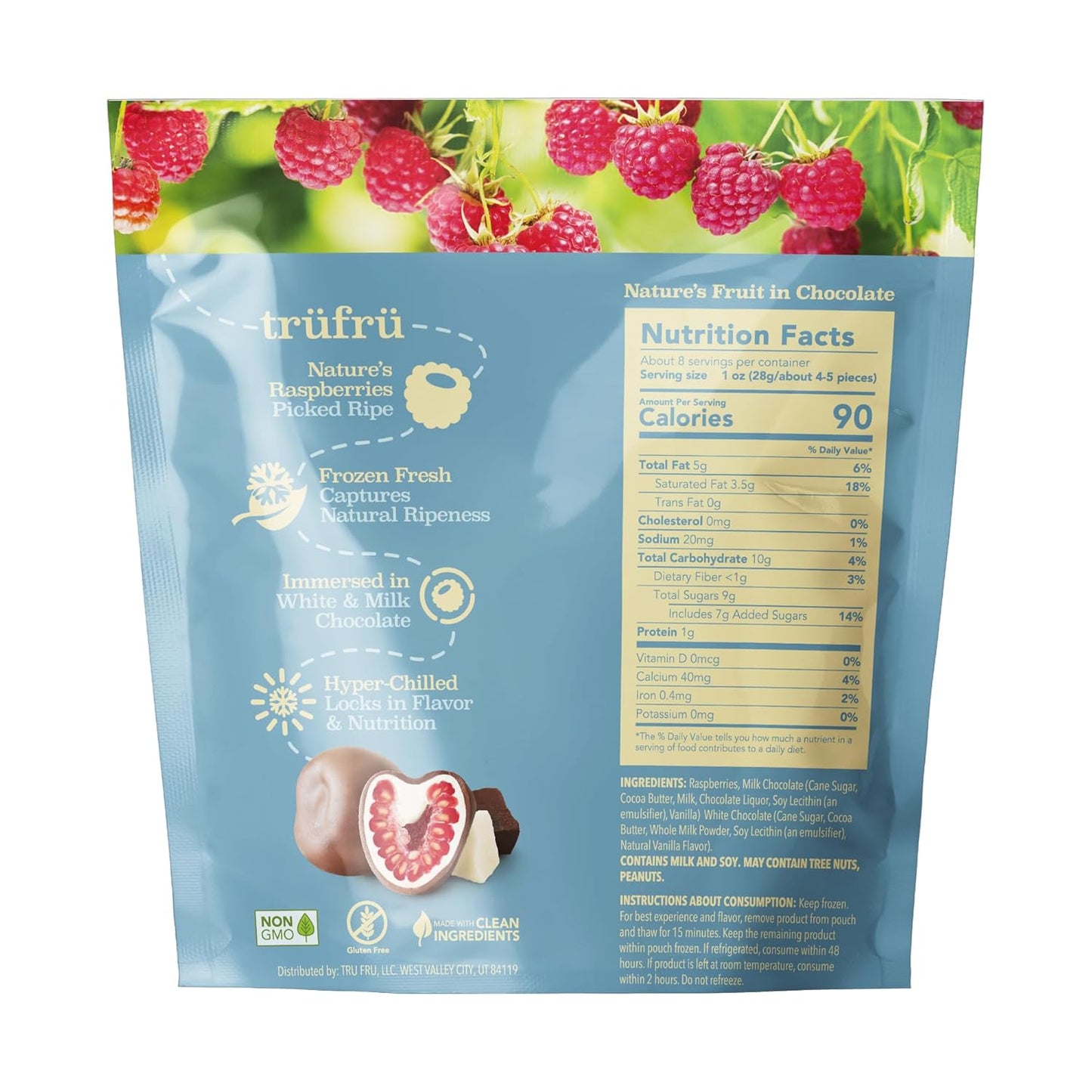 Tru Fru Nature's Raspberries Hyper-Chilled in White & Milk Chocolate, 8 Ounce Bag