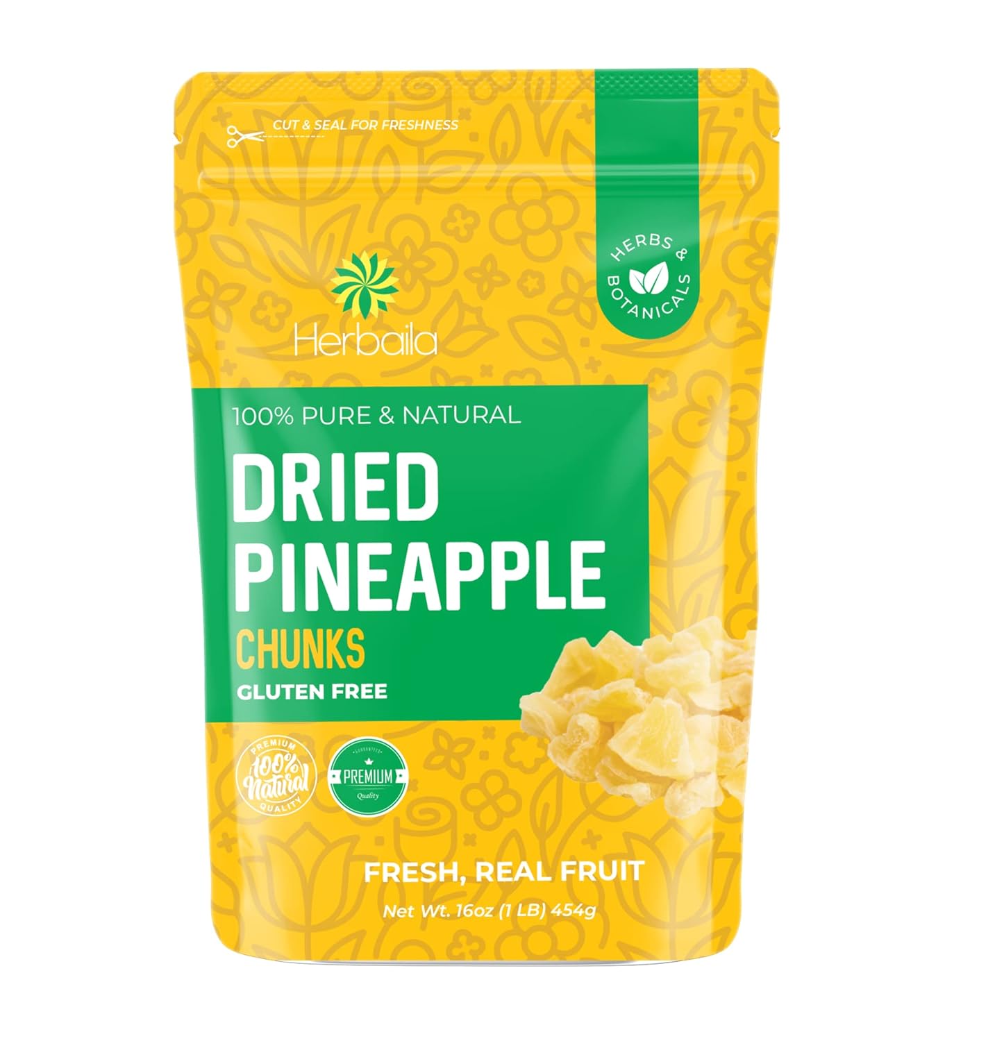 Herbaila Dried Pineapple Chunks, 1 Pound. Dehydrated Pineapple Chunk, Dehydrated Pineapple Bulk, Dried Pineapple Bits. All Natural, Non-GMO, Lightly Sweetened Dried Pineapples, 16 oz.