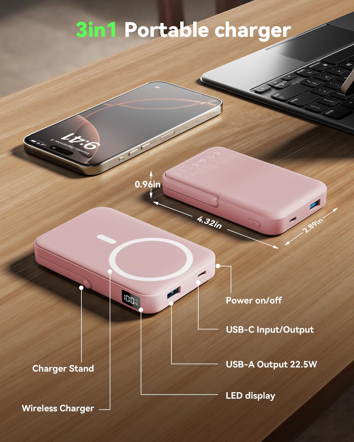 Magnetic Portable Charger,10000mAh Wireless Magnetic Power Bank with Stand for MagSafe Charger,LED Display Magnetic Battery Pack,Compatible with iPhone 16/15/14/13/12 All Series–Dark Blue