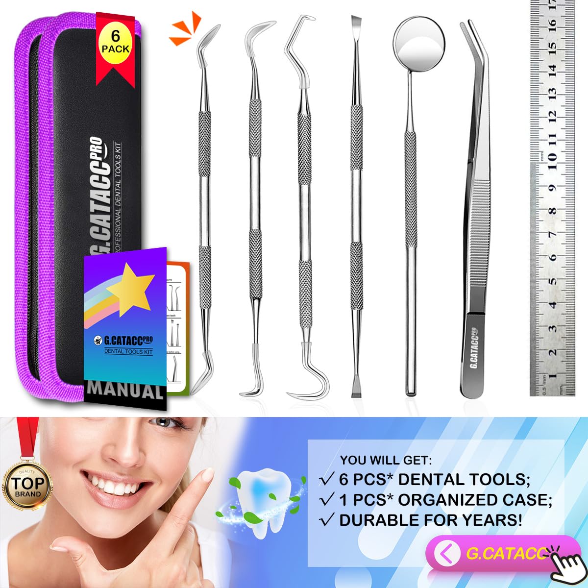 G.CATACC Dental Tools, Dental Pick Teeth Cleaning Tools Hygiene Kit, Plaque Remover for Teeth, Professional Stainless Steel Tooth Scraper Plaque Tartar Cleaner - with Case