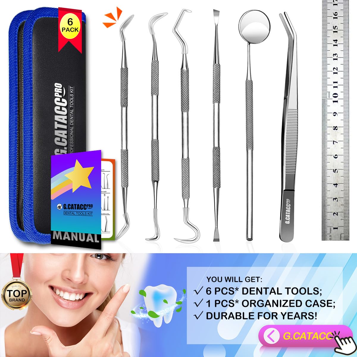 G.CATACC Dental Tools, Dental Pick Teeth Cleaning Tools Hygiene Kit, Plaque Remover for Teeth, Professional Stainless Steel Tooth Scraper Plaque Tartar Cleaner - with Case