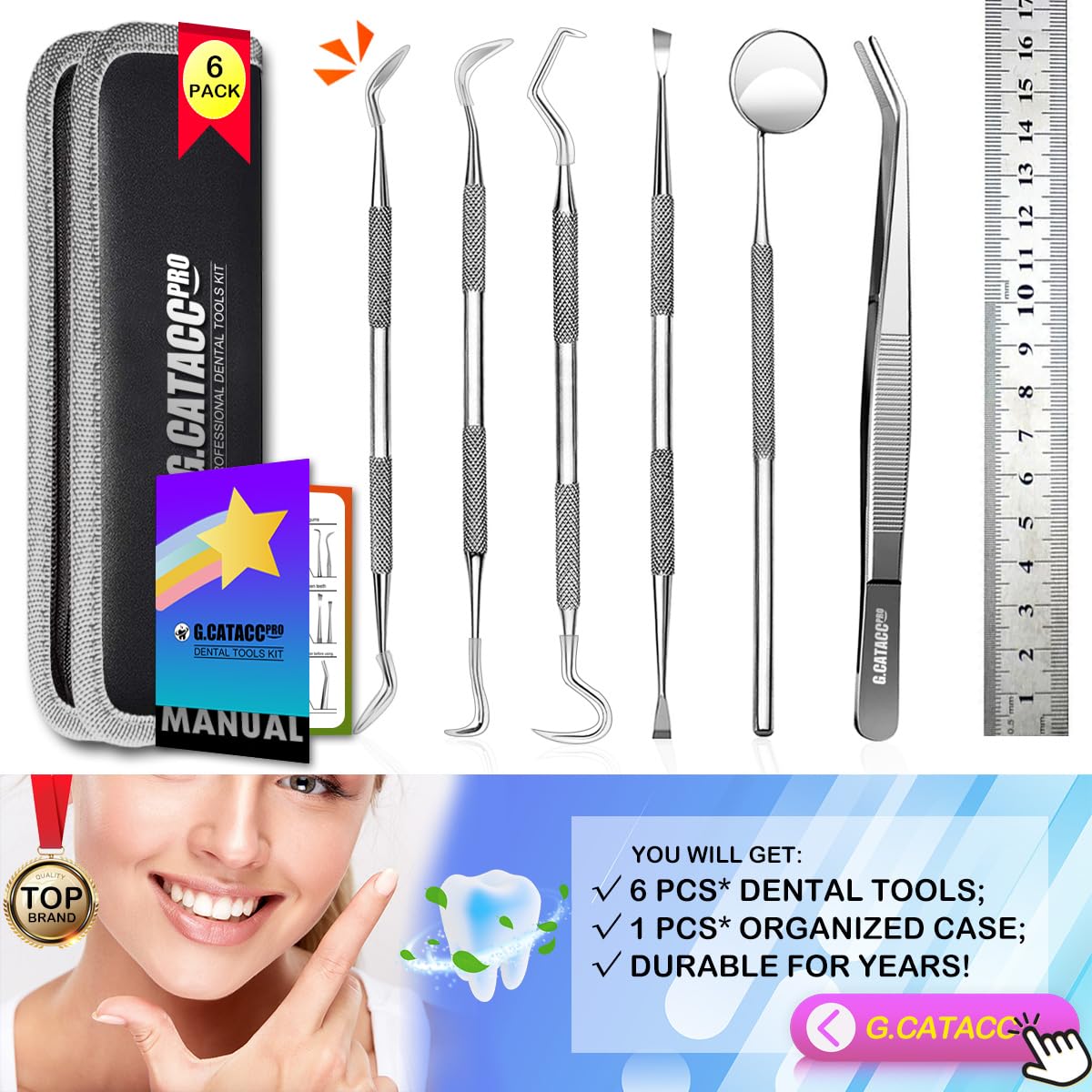 G.CATACC Dental Tools, Dental Pick Teeth Cleaning Tools Hygiene Kit, Plaque Remover for Teeth, Professional Stainless Steel Tooth Scraper Plaque Tartar Cleaner - with Case