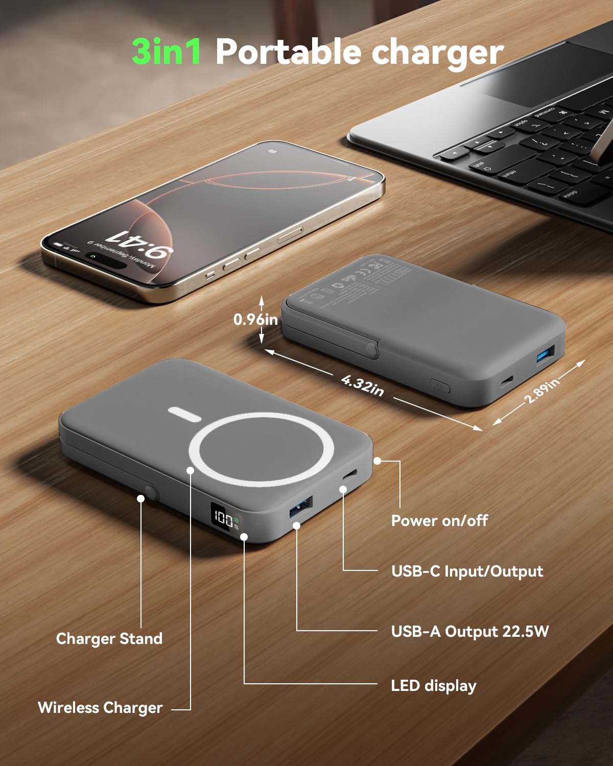Magnetic Portable Charger,10000mAh Wireless Magnetic Power Bank with Stand for MagSafe Charger,LED Display Magnetic Battery Pack,Compatible with iPhone 16/15/14/13/12 All Series–Dark Blue