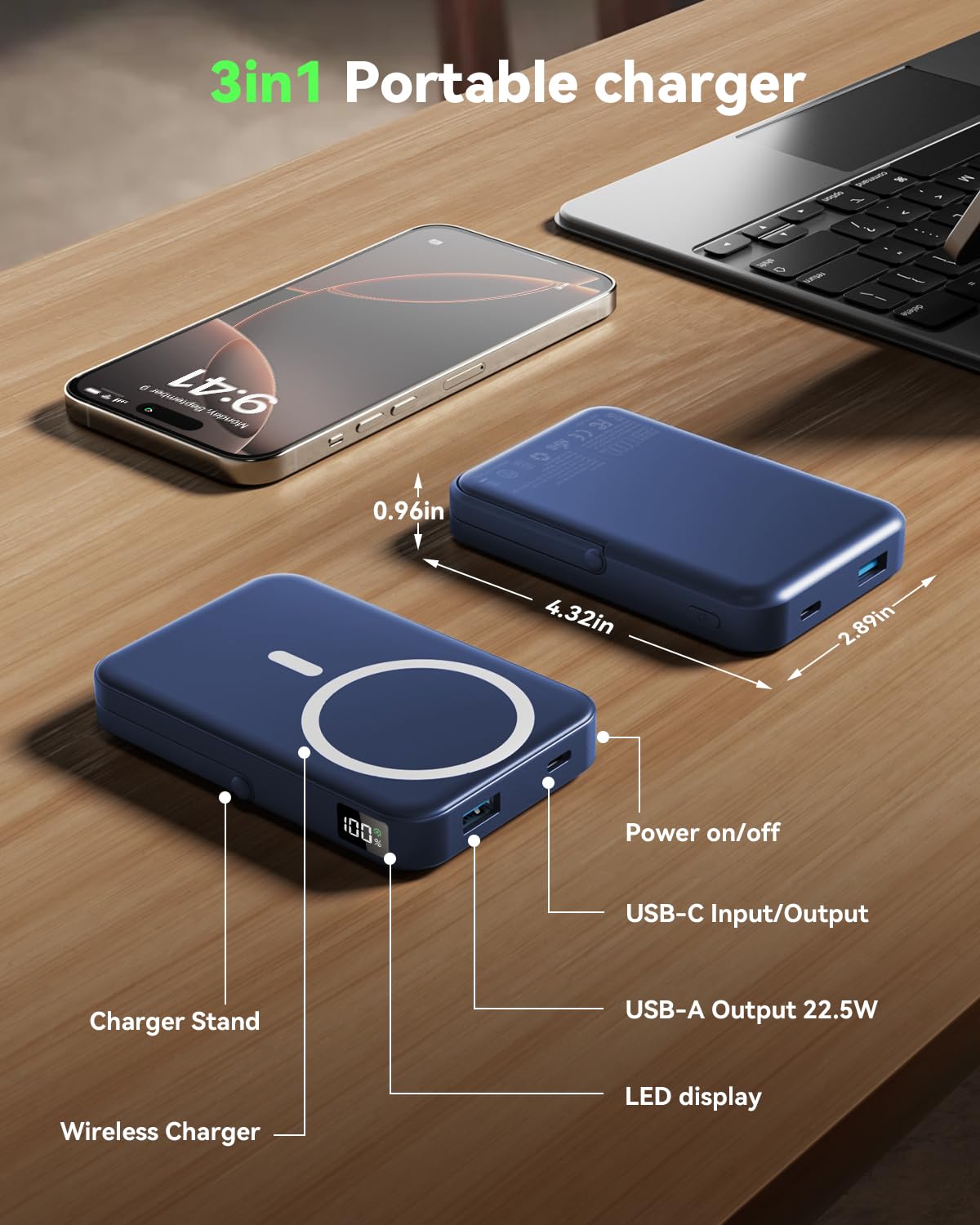Magnetic Portable Charger,10000mAh Wireless Magnetic Power Bank with Stand for MagSafe Charger,LED Display Magnetic Battery Pack,Compatible with iPhone 16/15/14/13/12 All Series–Dark Blue