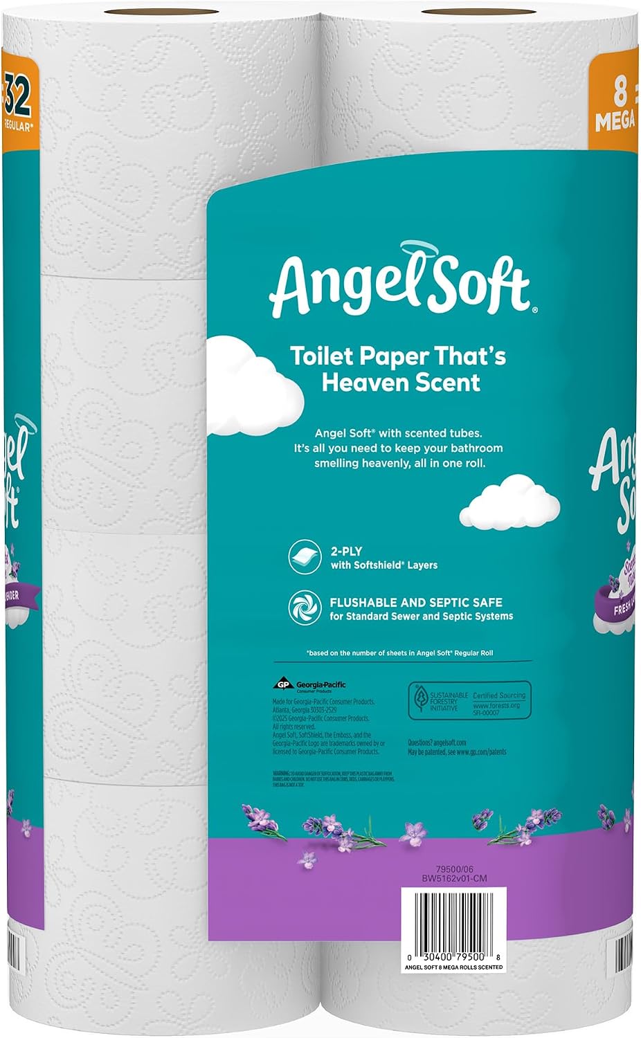 Angel Soft Toilet Paper, Fresh Lavender Scented Tube, 8 Mega Rolls, 2-Ply