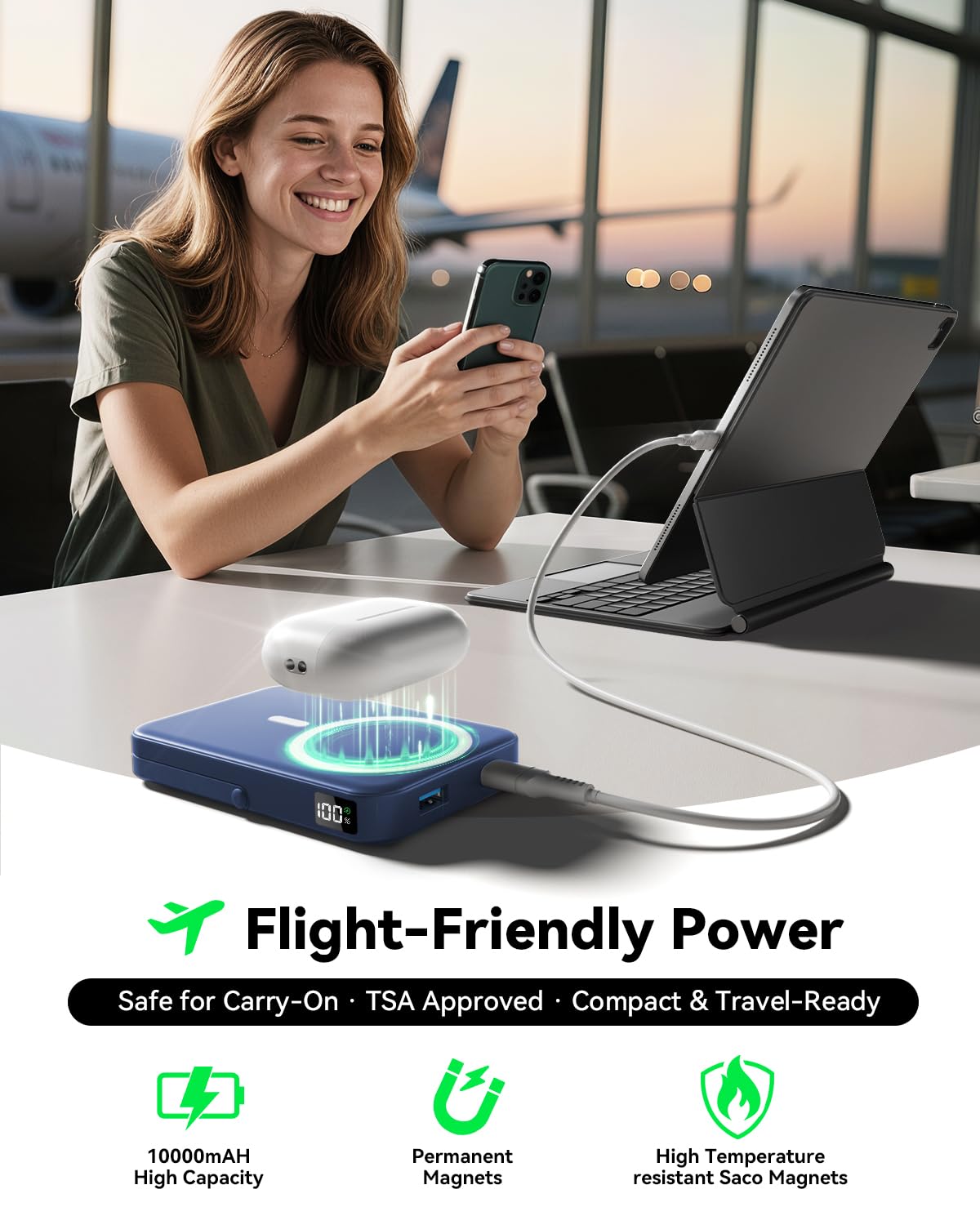 Magnetic Portable Charger,10000mAh Wireless Magnetic Power Bank with Stand for MagSafe Charger,LED Display Magnetic Battery Pack,Compatible with iPhone 16/15/14/13/12 All Series–Dark Blue