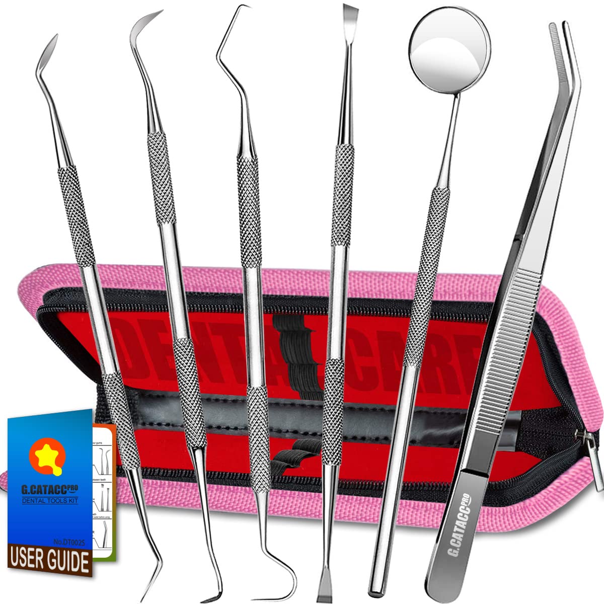 G.CATACC Dental Tools, Dental Pick Teeth Cleaning Tools Hygiene Kit, Plaque Remover for Teeth, Professional Stainless Steel Tooth Scraper Plaque Tartar Cleaner - with Case