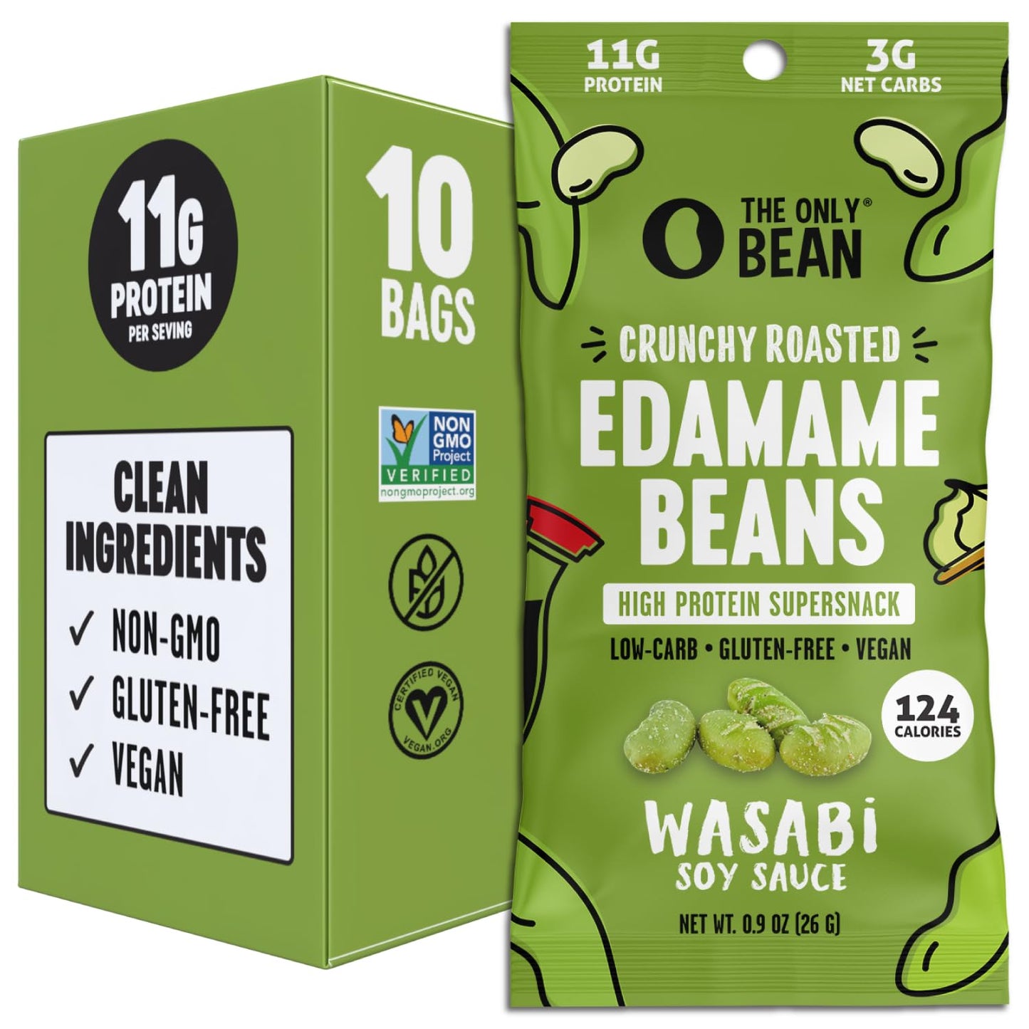 The Only Bean Crunchy Dry Roasted Edamame Snacks (Sea Salt), Keto Snack Food, High Protein (11g) Healthy Snacks, Low Carb Gluten Free Office Vegan Food 100 Calorie Snack Pack, 0.9oz 10 Pack