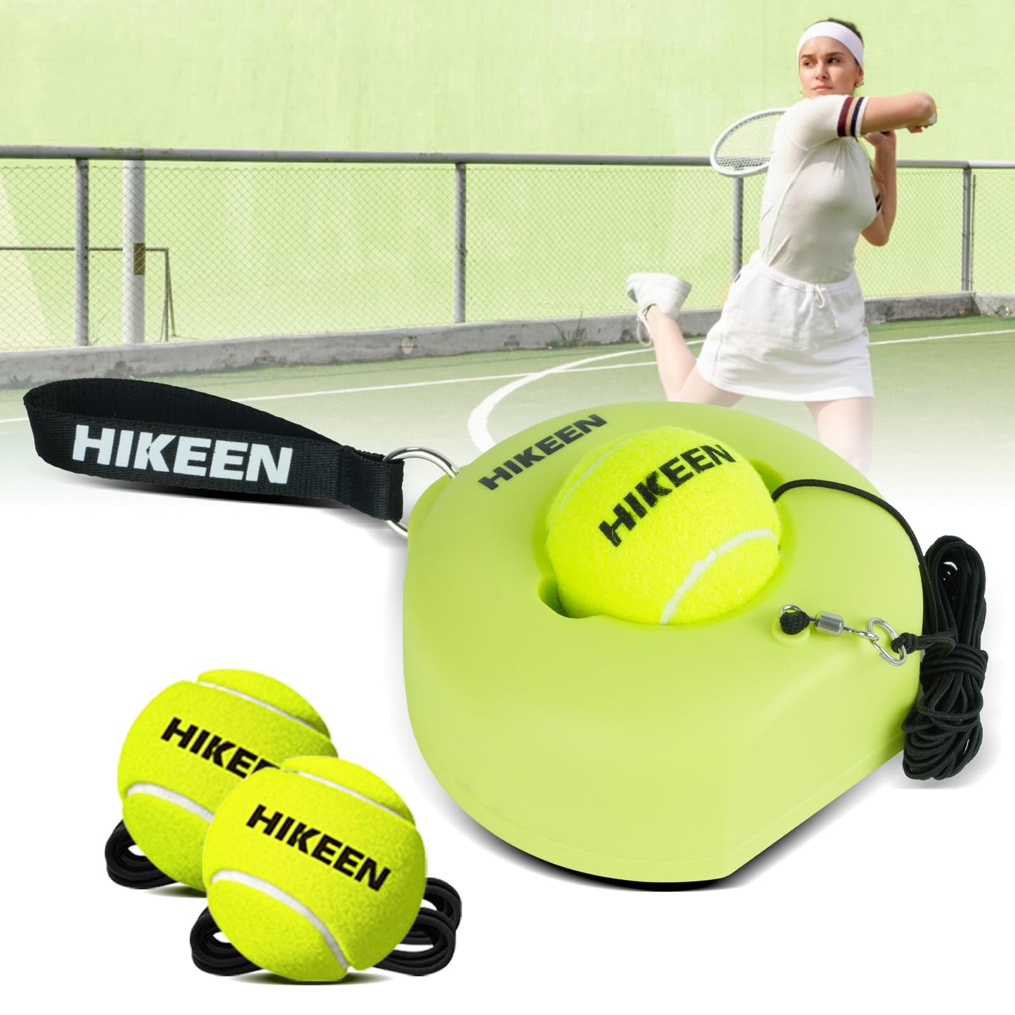 Hikeen Premium Tennis Trainer Rebound with Metal Base,Portable Solo Tennis Trainer Set with 3 Highly Elastic String Balls,Tennis Practice Equipment for Adult Kids and Beginners