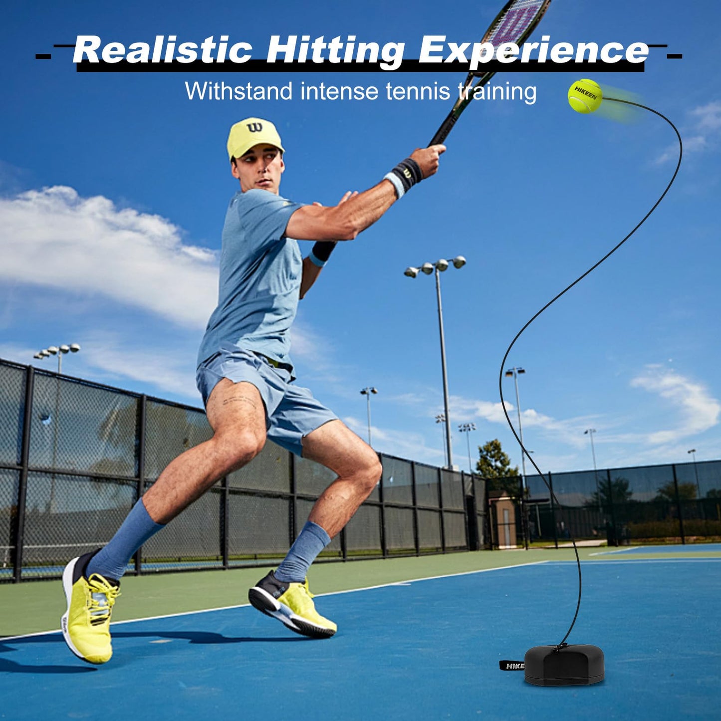 Hikeen Premium Tennis Trainer Rebound with Metal Base,Portable Solo Tennis Trainer Set with 3 Highly Elastic String Balls,Tennis Practice Equipment for Adult Kids and Beginners