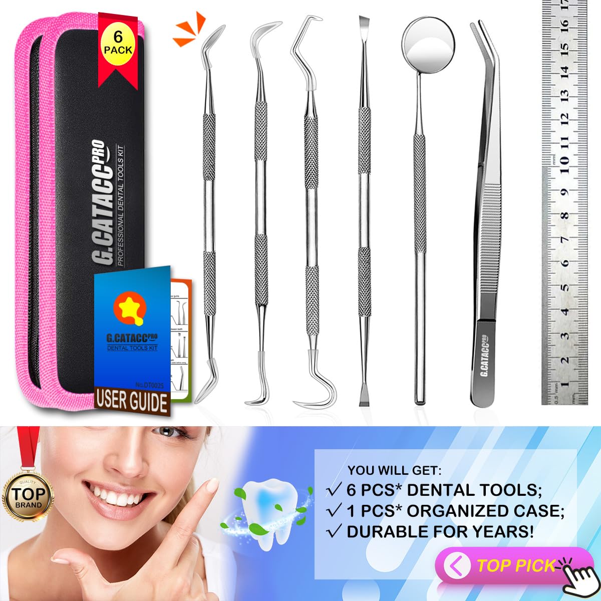 G.CATACC Dental Tools, Dental Pick Teeth Cleaning Tools Hygiene Kit, Plaque Remover for Teeth, Professional Stainless Steel Tooth Scraper Plaque Tartar Cleaner - with Case