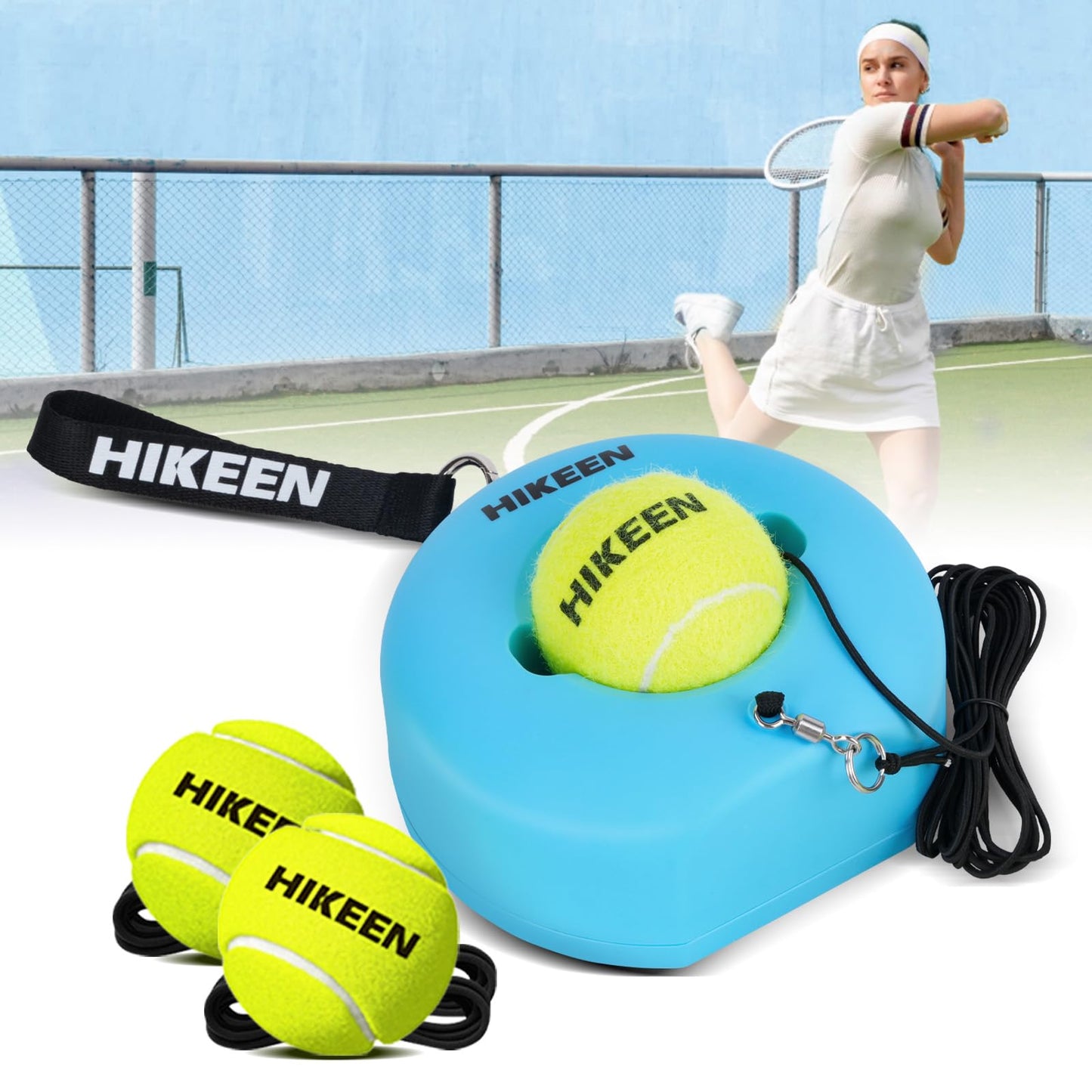 Hikeen Premium Tennis Trainer Rebound with Metal Base,Portable Solo Tennis Trainer Set with 3 Highly Elastic String Balls,Tennis Practice Equipment for Adult Kids and Beginners