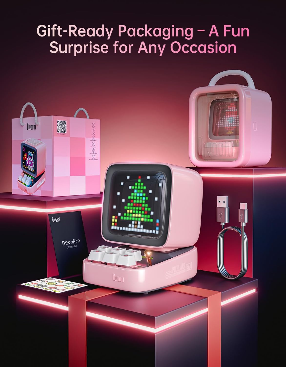 Divoom Ditoo Retro Pixel Art 15W Bluetooth Speaker,Cute Speaker with Alarm,White Noise & Mini Games,Iconic Desk Setup Speaker with 16X16 LED App Controlled Front Screen,Gifts for Anyone (Pink)