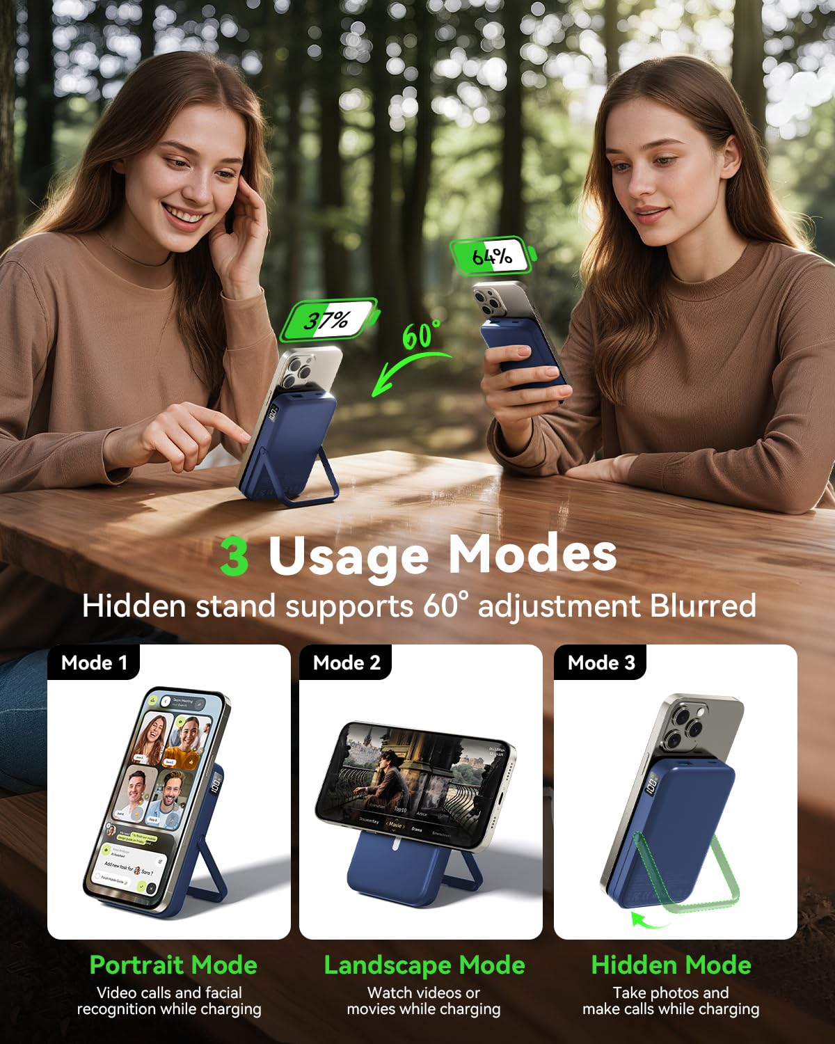 Magnetic Portable Charger,10000mAh Wireless Magnetic Power Bank with Stand for MagSafe Charger,LED Display Magnetic Battery Pack,Compatible with iPhone 16/15/14/13/12 All Series–Dark Blue