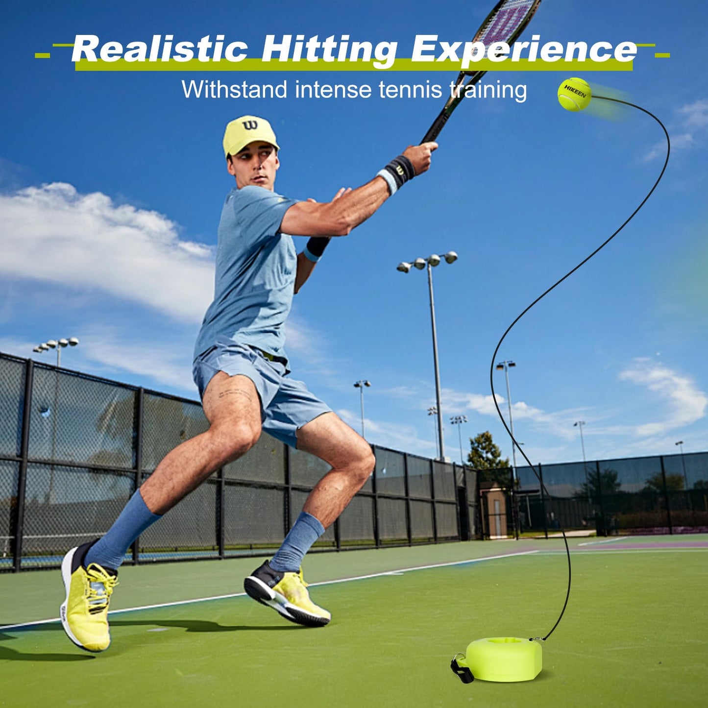 Hikeen Premium Tennis Trainer Rebound with Metal Base,Portable Solo Tennis Trainer Set with 3 Highly Elastic String Balls,Tennis Practice Equipment for Adult Kids and Beginners