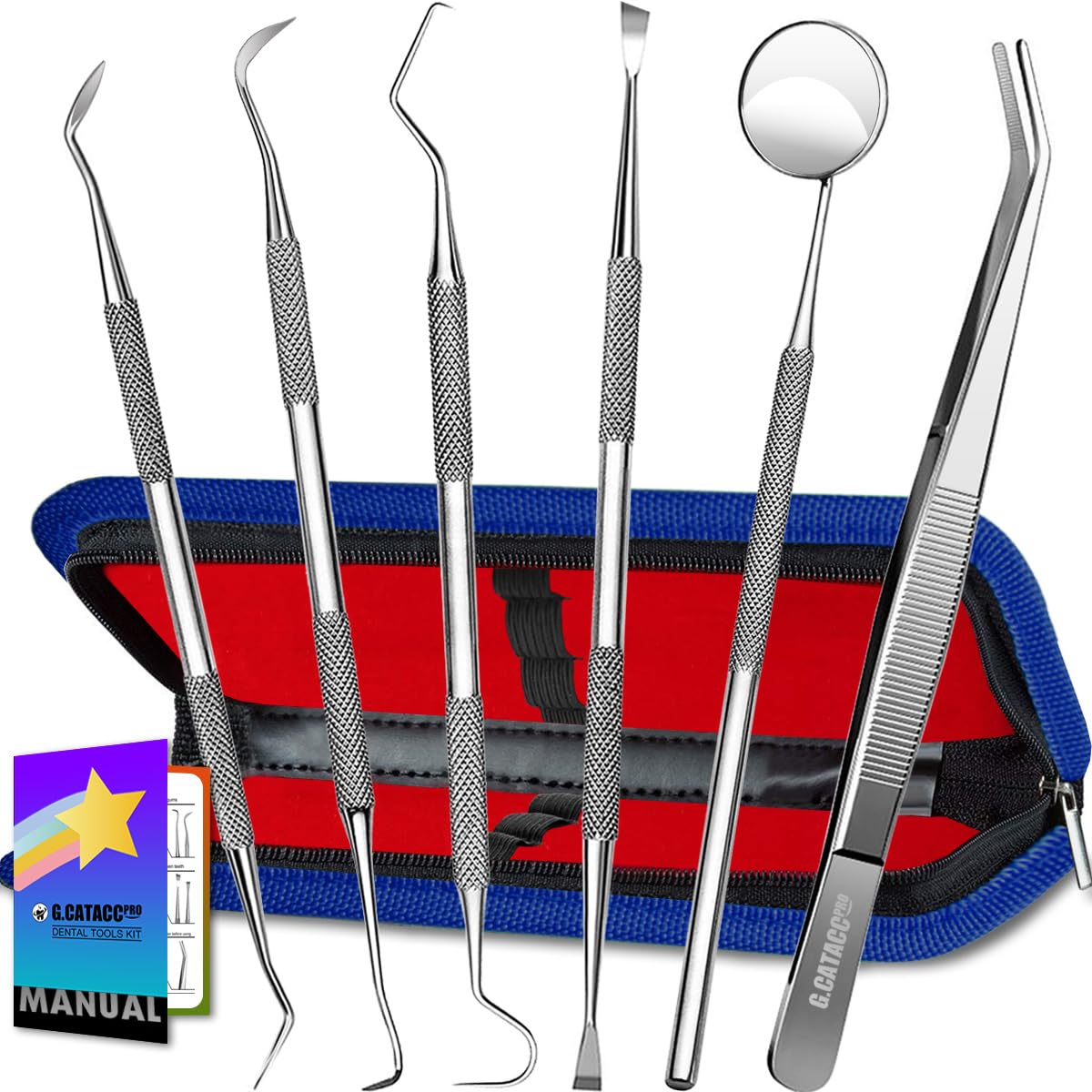 G.CATACC Dental Tools, Dental Pick Teeth Cleaning Tools Hygiene Kit, Plaque Remover for Teeth, Professional Stainless Steel Tooth Scraper Plaque Tartar Cleaner - with Case