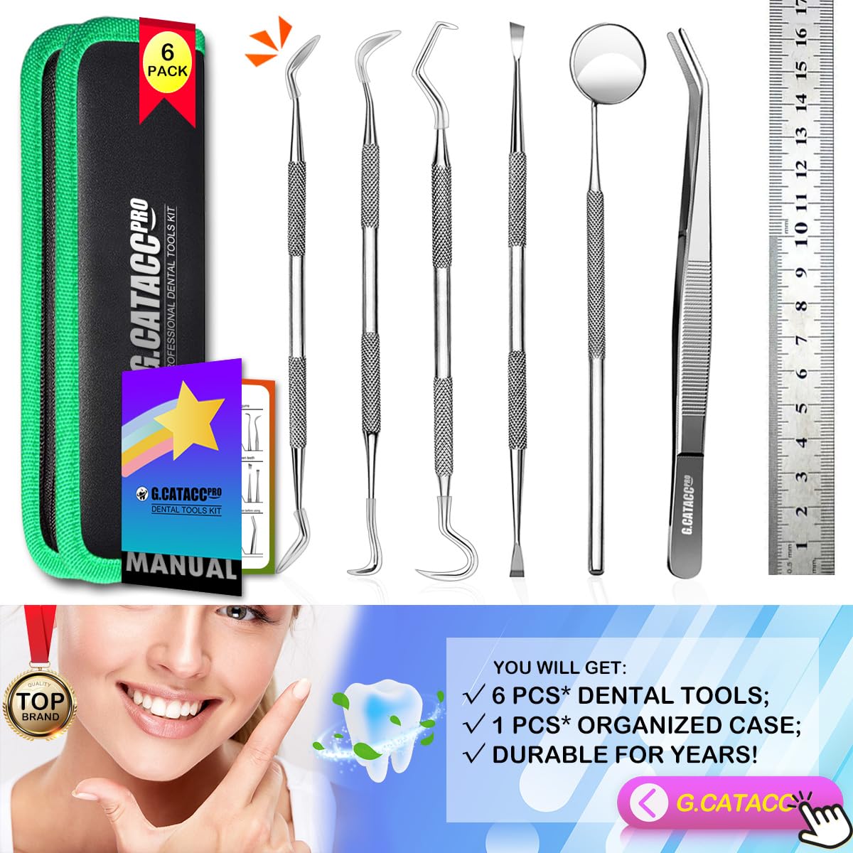 G.CATACC Dental Tools, Dental Pick Teeth Cleaning Tools Hygiene Kit, Plaque Remover for Teeth, Professional Stainless Steel Tooth Scraper Plaque Tartar Cleaner - with Case