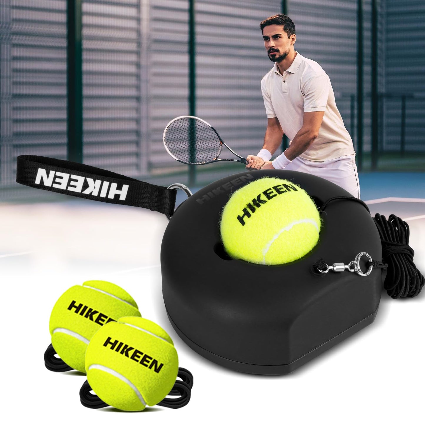 Hikeen Premium Tennis Trainer Rebound with Metal Base,Portable Solo Tennis Trainer Set with 3 Highly Elastic String Balls,Tennis Practice Equipment for Adult Kids and Beginners