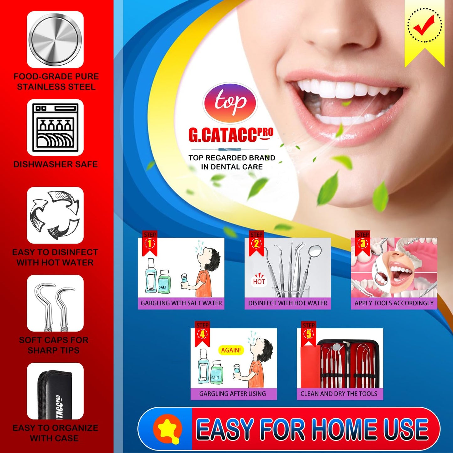 G.CATACC Dental Tools, Dental Pick Teeth Cleaning Tools Hygiene Kit, Plaque Remover for Teeth, Professional Stainless Steel Tooth Scraper Plaque Tartar Cleaner - with Case