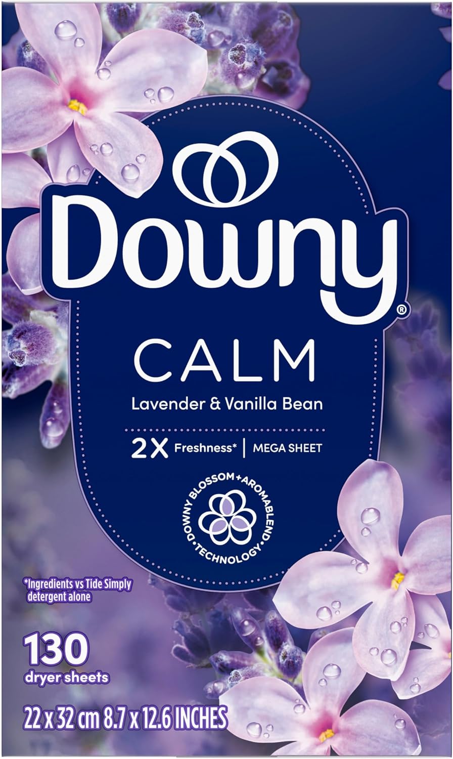 Downy CALM, Mega Dryer Sheets, Laundry Fabric Softener, Lavender and Vanilla Bean, 130 Count