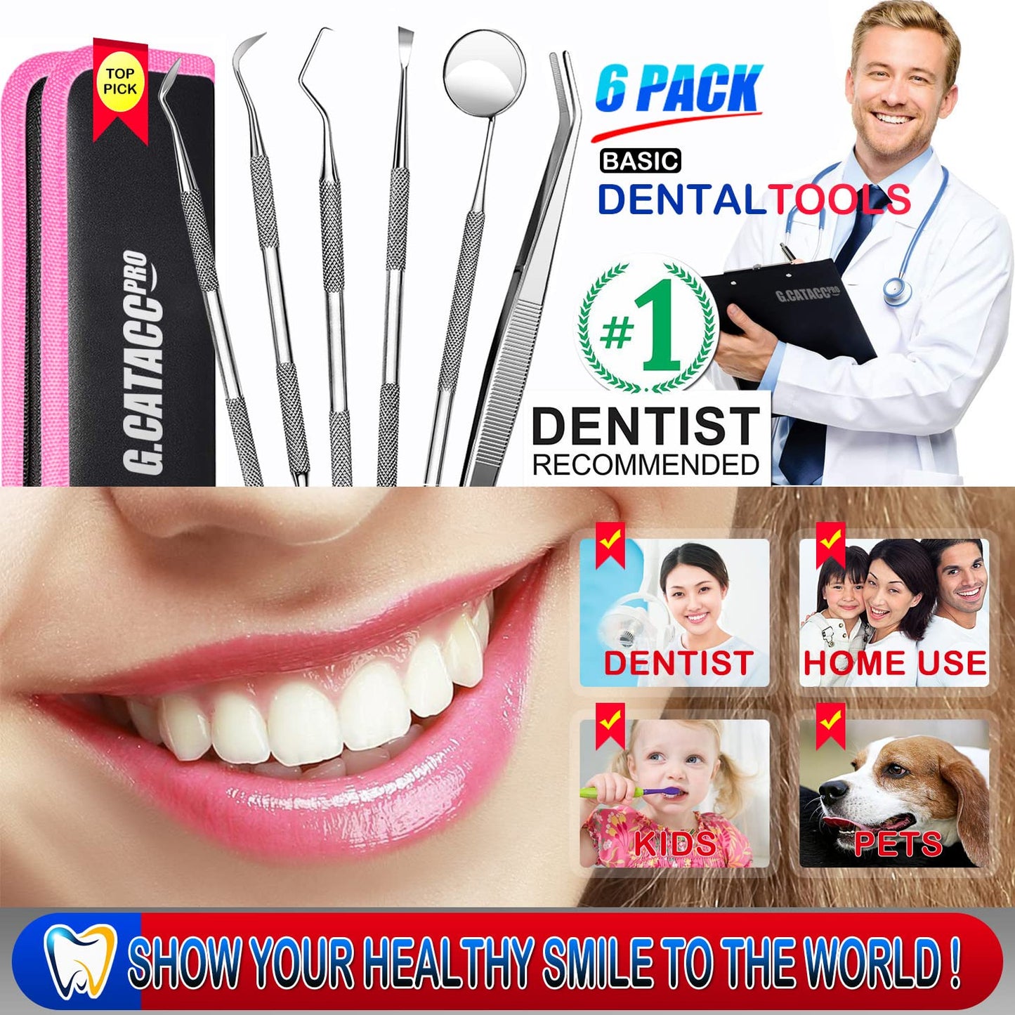 G.CATACC Dental Tools, Dental Pick Teeth Cleaning Tools Hygiene Kit, Plaque Remover for Teeth, Professional Stainless Steel Tooth Scraper Plaque Tartar Cleaner - with Case