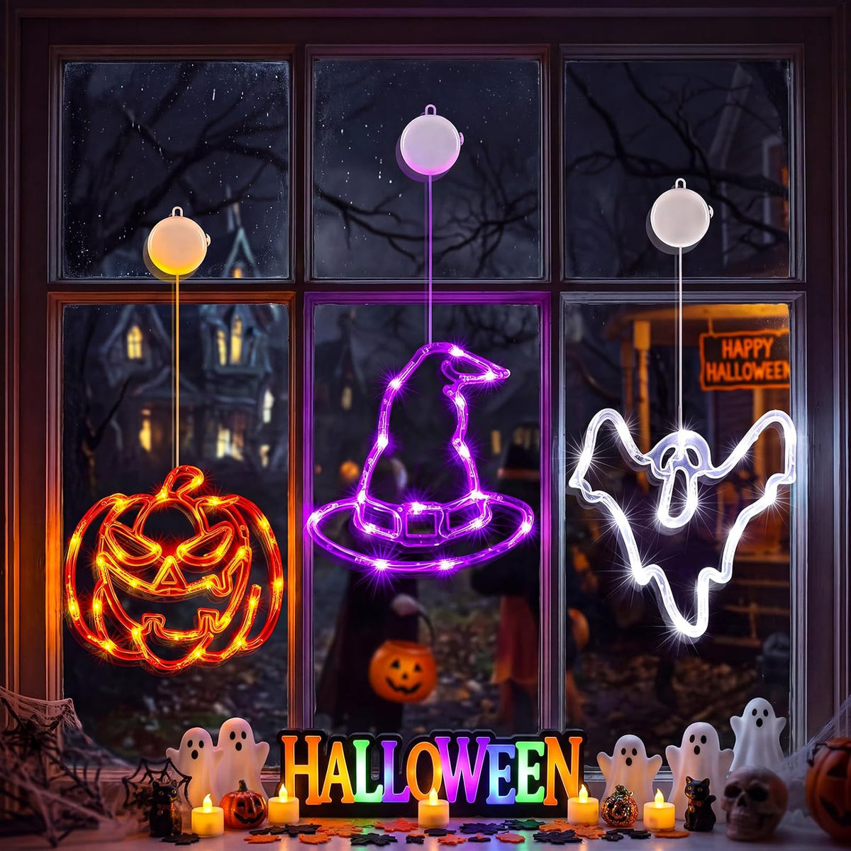 Minetom 3 Pack Halloween Windows Lights - Pumpkin, Ghost, Hat with Timer