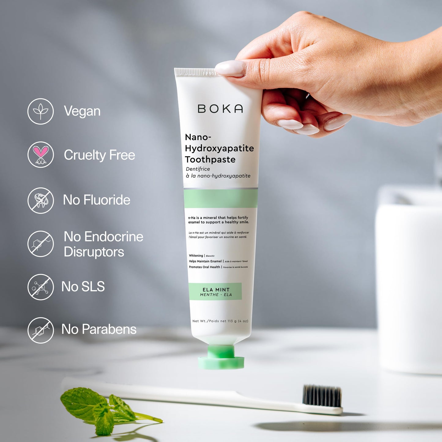 Boka Fluoride Free Toothpaste Nano Hydroxyapatite, Helps Remineralize, Appropriate for Sensitive Teeth, Whitening - for Adult, Kids Oral Care - Ela Mint Flavor, 4 Fl Oz 1Pk US Manufactured