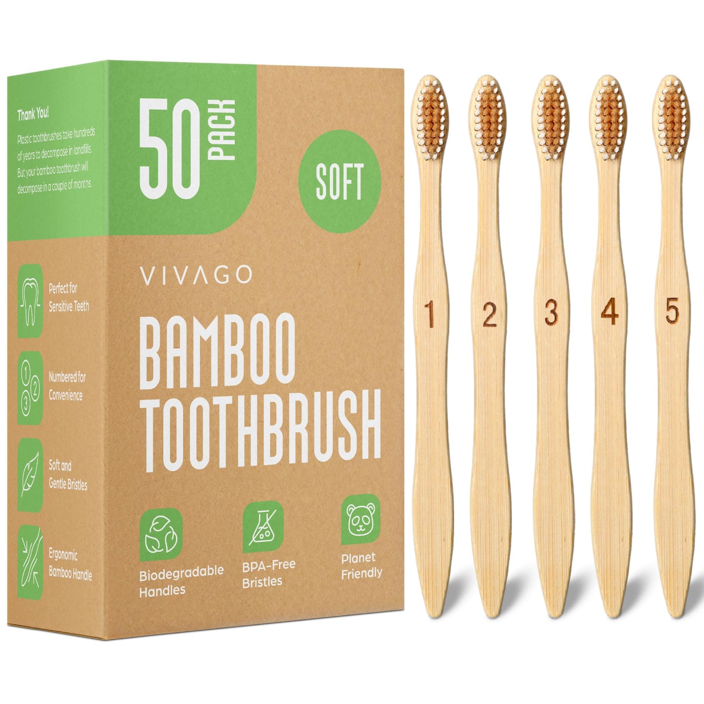 Biodegradable Bamboo Toothbrushes 10 Pack - BPA Free Soft Bristles Toothbrushes, Eco-Friendly, Compostable Natural Wooden Toothbrush