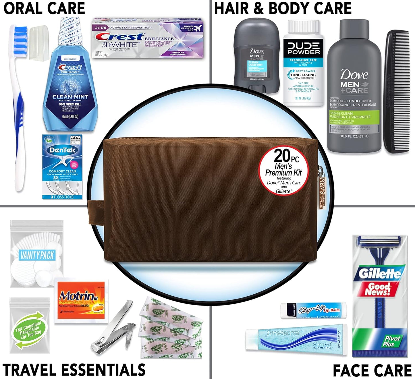 Convenience Kits International Men’s Premium 20-Piece Kit with Travel Size TSA Compliant Essentials, Featuring: Dove Men & Care Products in Brown Dopp Bag