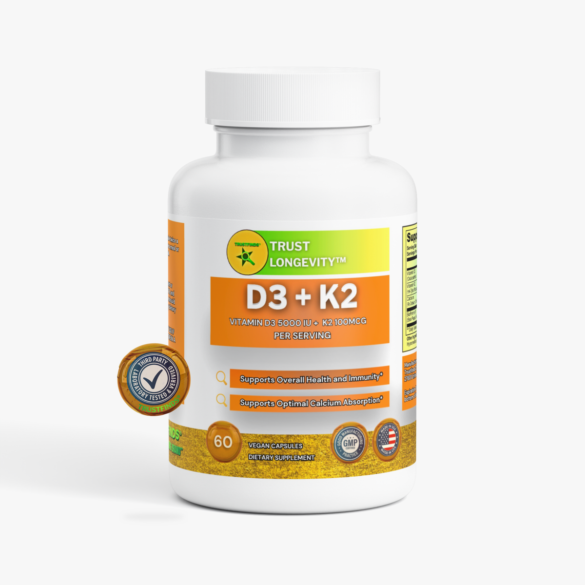 D3 + K2 Boosted Nutritional Absorption* Supplements for Women and Men - Calcium with Vitamin D3 K2 5000 IU Supplement - Gluten-Free, Allergen-Free