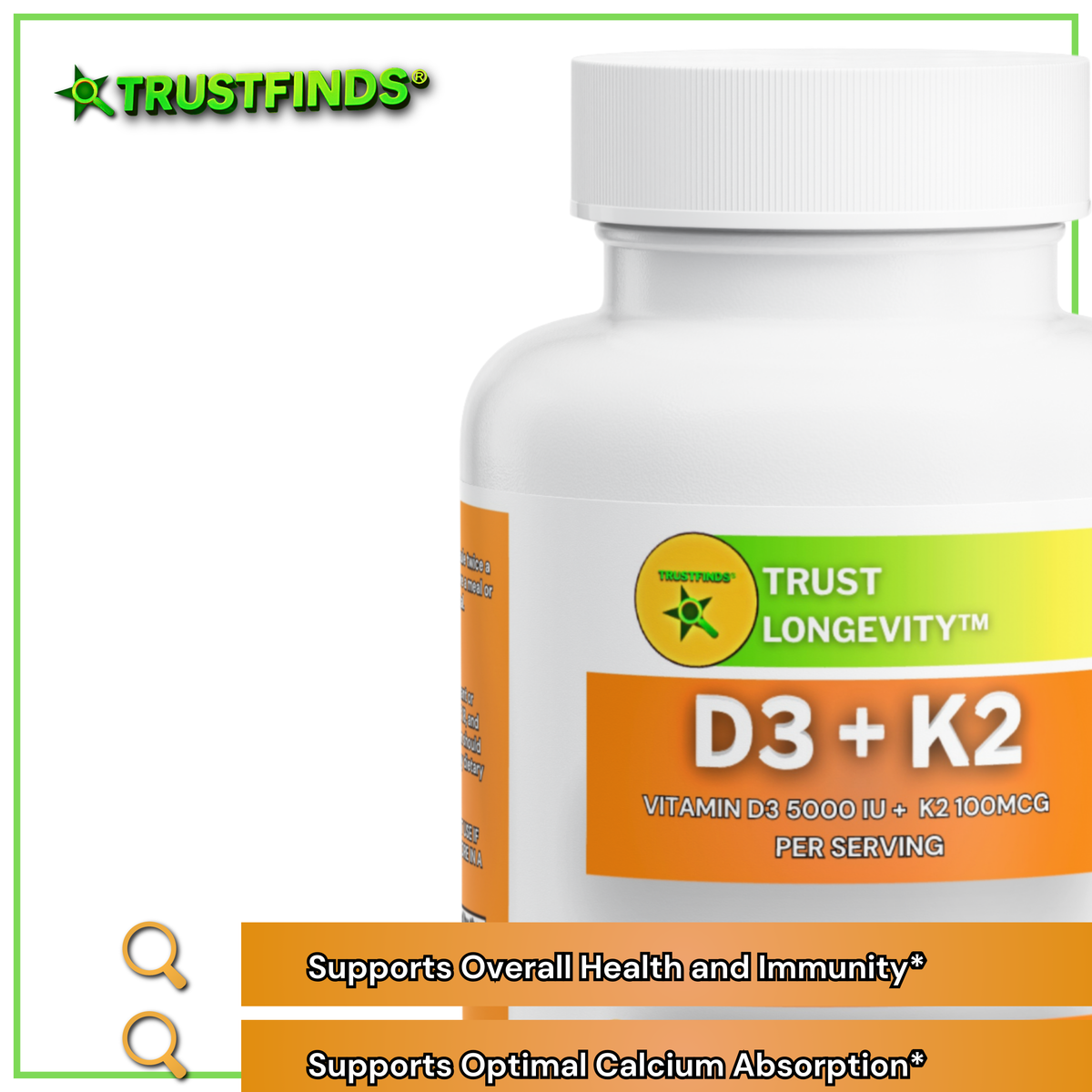 D3 + K2 Boosted Nutritional Absorption* Supplements for Women and Men - Calcium with Vitamin D3 K2 5000 IU Supplement - Gluten-Free, Allergen-Free