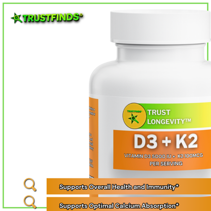D3 + K2 Boosted Nutritional Absorption* Supplements for Women and Men - Calcium with Vitamin D3 K2 5000 IU Supplement - Gluten-Free, Allergen-Free