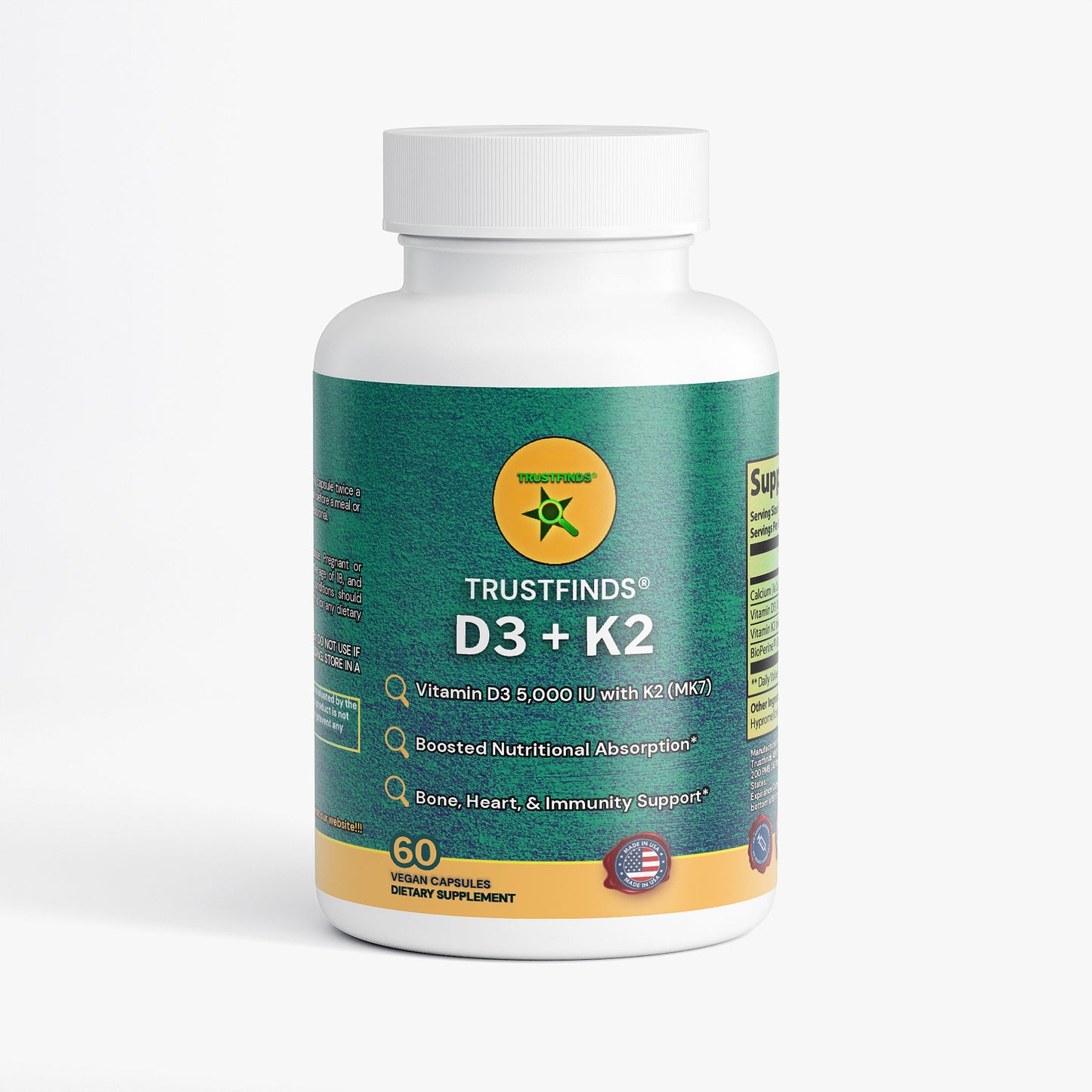 D3 + K2 Boosted Nutritional Absorption* Supplements for Women and Men - Calcium with Vitamin D3 K2 5000 IU Supplement - Gluten-Free, Allergen-Free