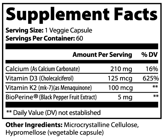 D3 + K2 Boosted Nutritional Absorption* Supplements for Women and Men - Calcium with Vitamin D3 K2 5000 IU Supplement - Gluten-Free, Allergen-Free