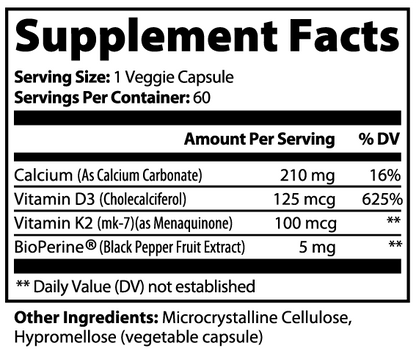 D3 + K2 Boosted Nutritional Absorption* Supplements for Women and Men - Calcium with Vitamin D3 K2 5000 IU Supplement - Gluten-Free, Allergen-Free