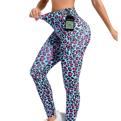 Women's High-Waist Cyan & Pink Leopard Print Yoga Leggings - Stretchy, Tummy Control Activewear for Running &amp; Fitness Training