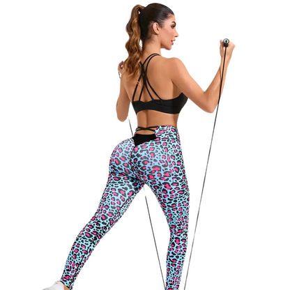 Women's High-Waist Cyan & Pink Leopard Print Yoga Leggings - Stretchy, Tummy Control Activewear for Running &amp; Fitness Training