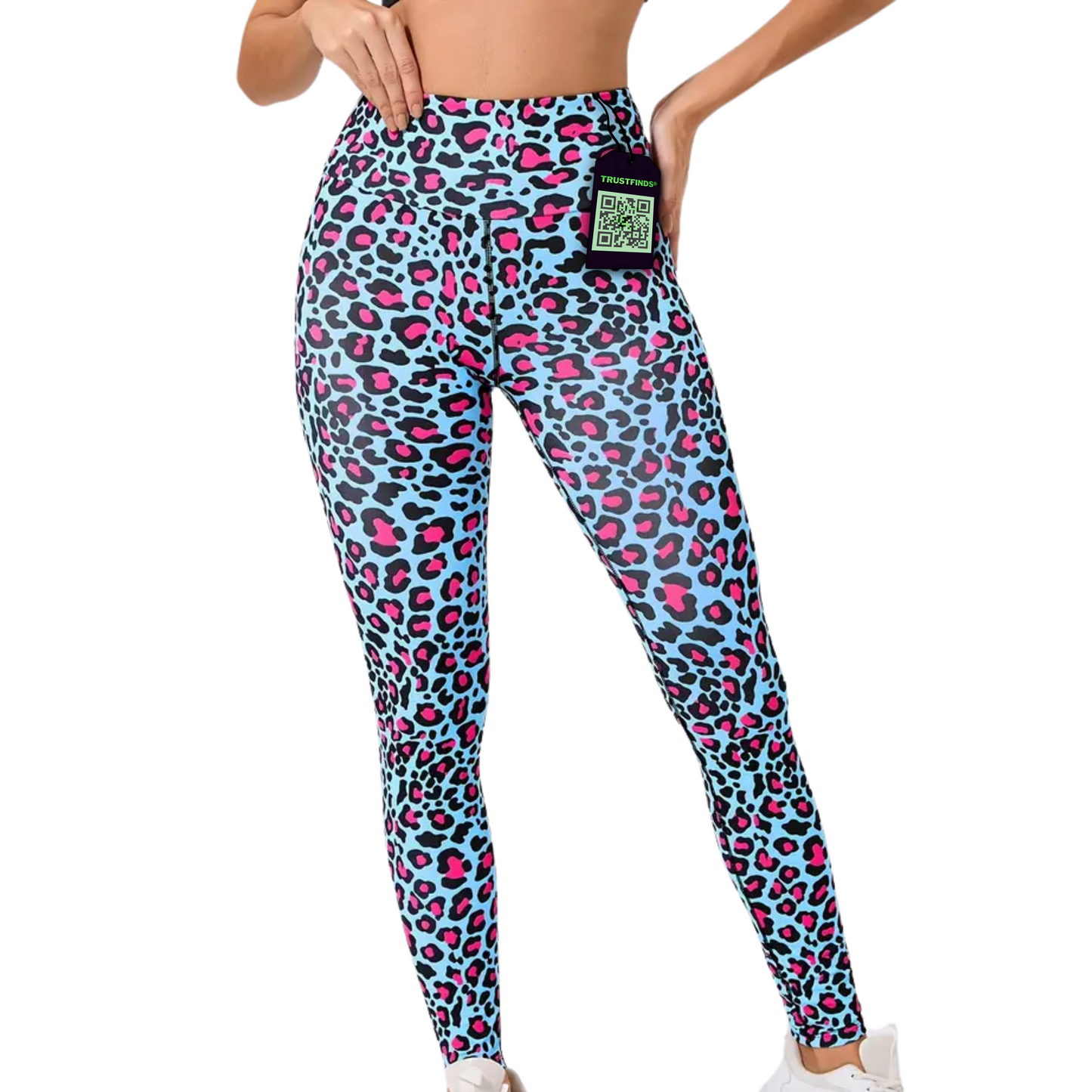 Women's High-Waist Cyan & Pink Leopard Print Yoga Leggings - Stretchy, Tummy Control Activewear for Running &amp; Fitness Training