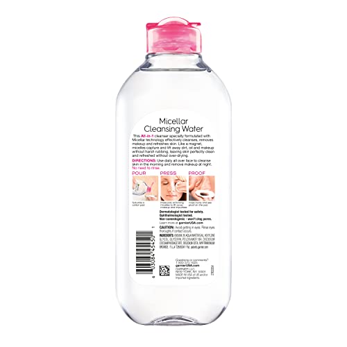Garnier Micellar Cleansing Water, All-in-1 Makeup Remover and Facial Cleanser, For All Skin Types, 3.4 Fl Oz (100mL), 1 Count (Packaging May Vary)