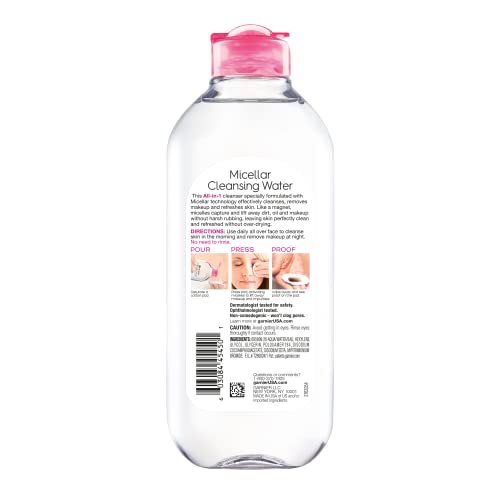 Garnier Micellar Cleansing Water, All-in-1 Makeup Remover and Facial Cleanser, For All Skin Types, 3.4 Fl Oz (100mL), 1 Count (Packaging May Vary)