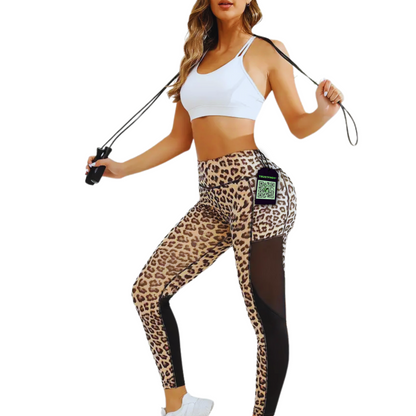 Stretchy Tummy Control Yoga Leggings - Women's High-Waist Leopard Print Pants with Pockets - Workout & Fitness