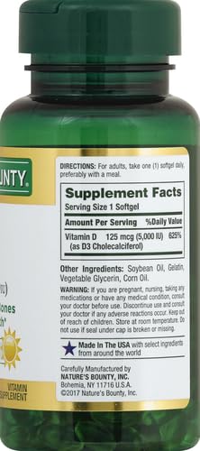 Nature's Bounty Vitamin D3, Immune Support, 125 mcg (5000iu), Rapid Release Softgels, 240 Ct (package may differ)