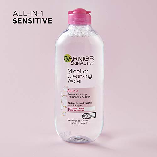 Garnier Micellar Cleansing Water, All-in-1 Makeup Remover and Facial Cleanser, For All Skin Types, 3.4 Fl Oz (100mL), 1 Count (Packaging May Vary)