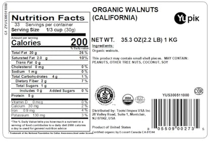 Yupik Organic Raw California Walnuts, Halves, 2.2 lb (35.2 oz), Kosher, Gluten-Free, Non-GMO, Vegan, Half Nuts, Unsalted, Unroasted, Source of Omegas, Healthy Snacks, Ideal for Baking & Cooking