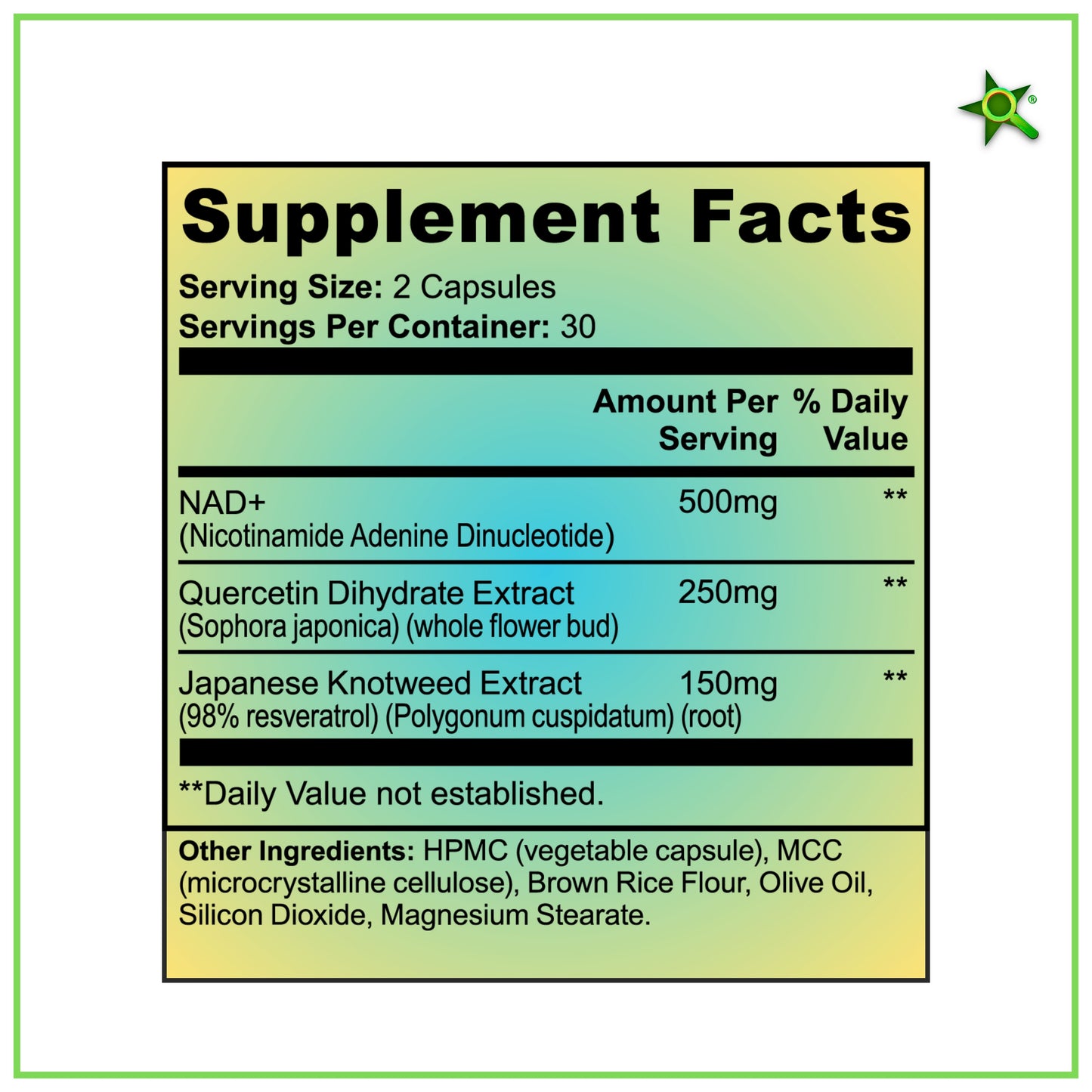 NAD+ (Nicotinamide Adenine Dinucleotide) with Quercetin and Resveratrol - Support Healthy Aging, Methylation, Cellular Energy Production and Metabolism* - 60 Vegan Capsules