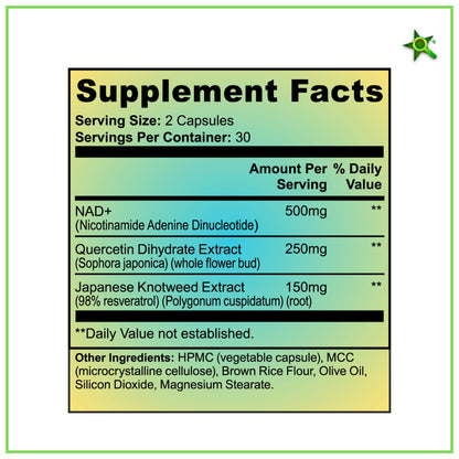NAD+ (Nicotinamide Adenine Dinucleotide) with Quercetin and Resveratrol - Support Healthy Aging, Methylation, Cellular Energy Production and Metabolism* - 60 Vegan Capsules