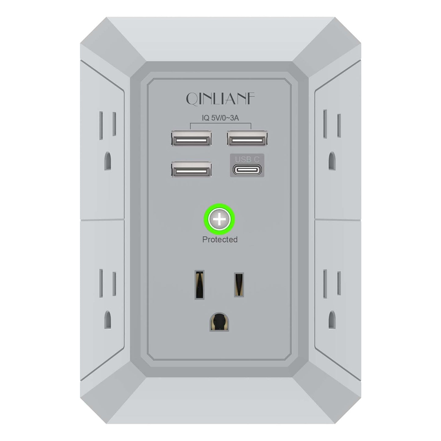 Wall Charger, Surge Protector, QINLIANF 5 Outlet Extender with 4 USB Charging Ports, 3-Sided 1680J Power Strip Multi Plug Adapter Spaced for Home Travel Office